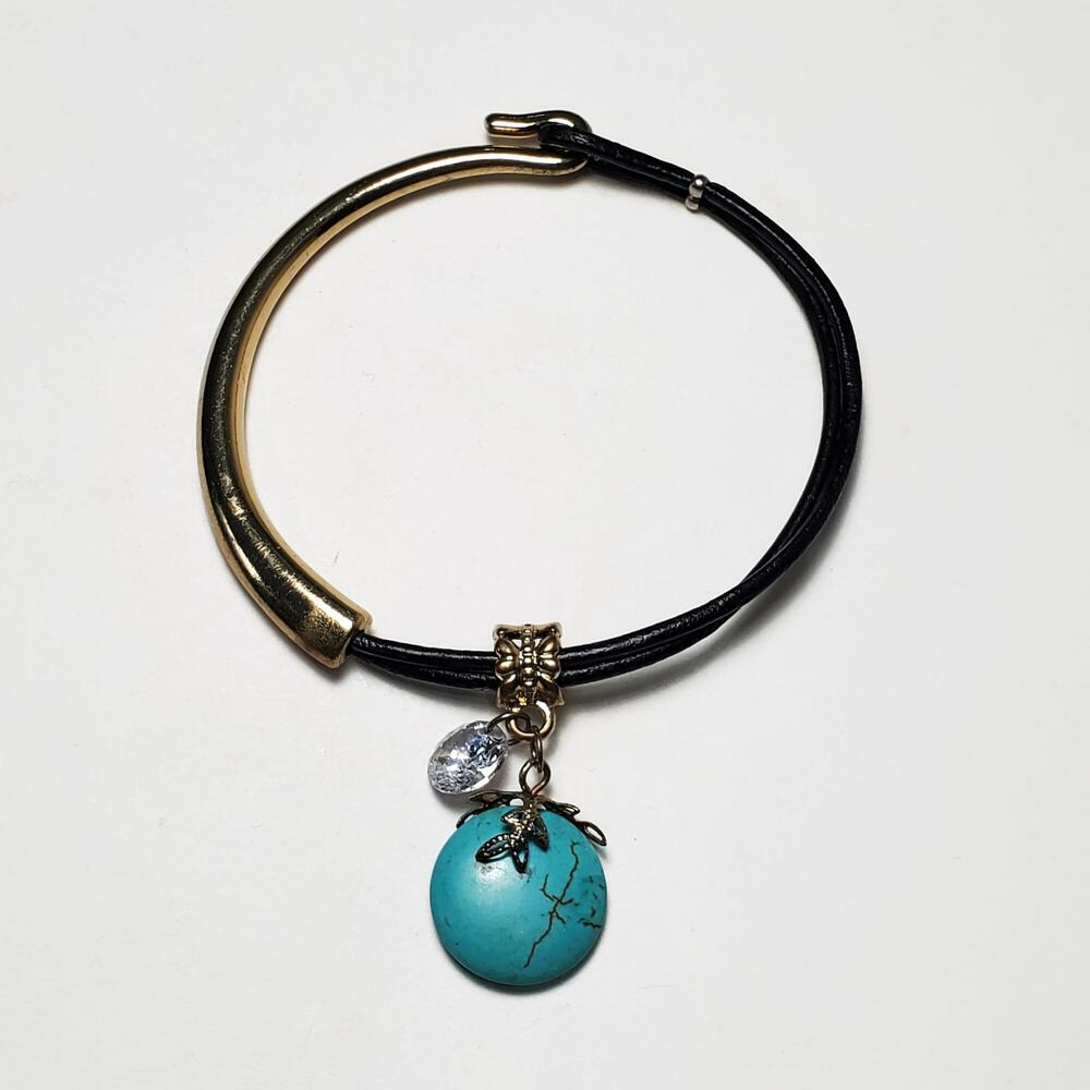 Faux Turquoise & Crystal Black Cord Bracelet  7"